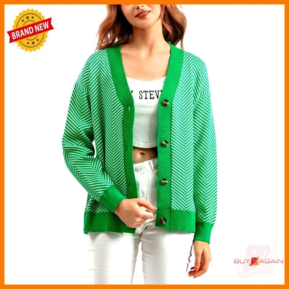 Herringbone Striped Cardigan V Neck Button Down Slouchy Drop Shoulder Retro